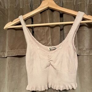 Free People White Ribbed Ruched Crop Tank Top